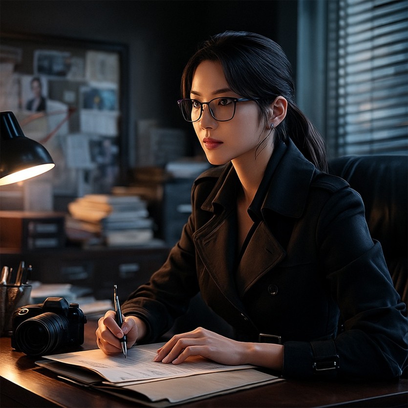 여탐정이 단서를 정리하며 탐정사무소에서 조사 준비를 하는 모습