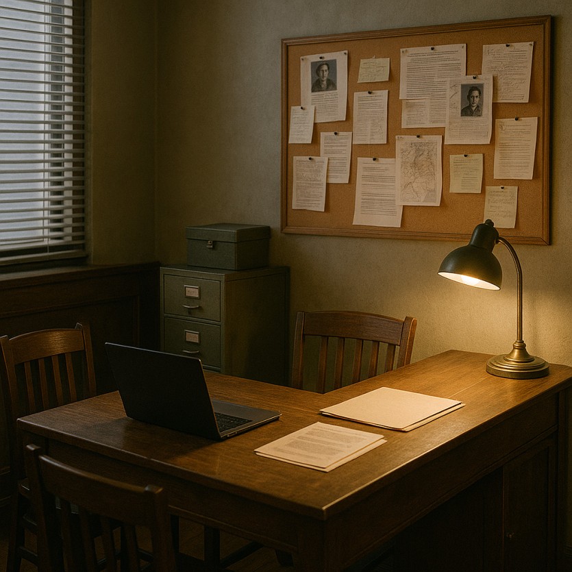 탐정사무소 내부 책상과 서류가 정돈 된 상담 공간 이미지