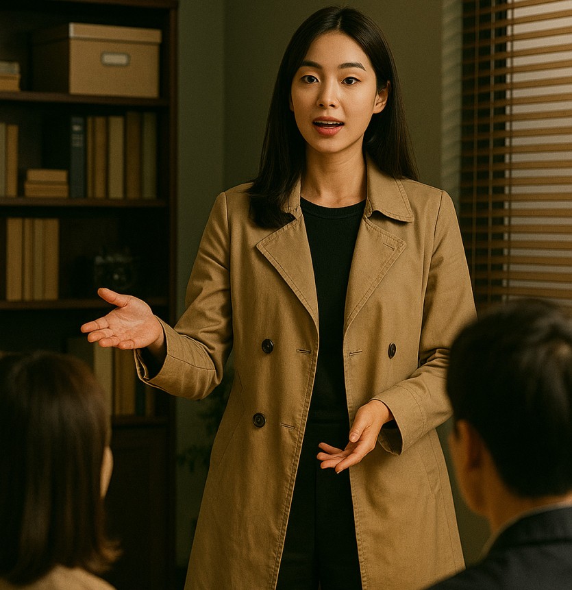 여탐정이 사무실에서 의뢰인에게 상황을 설명하는 모습