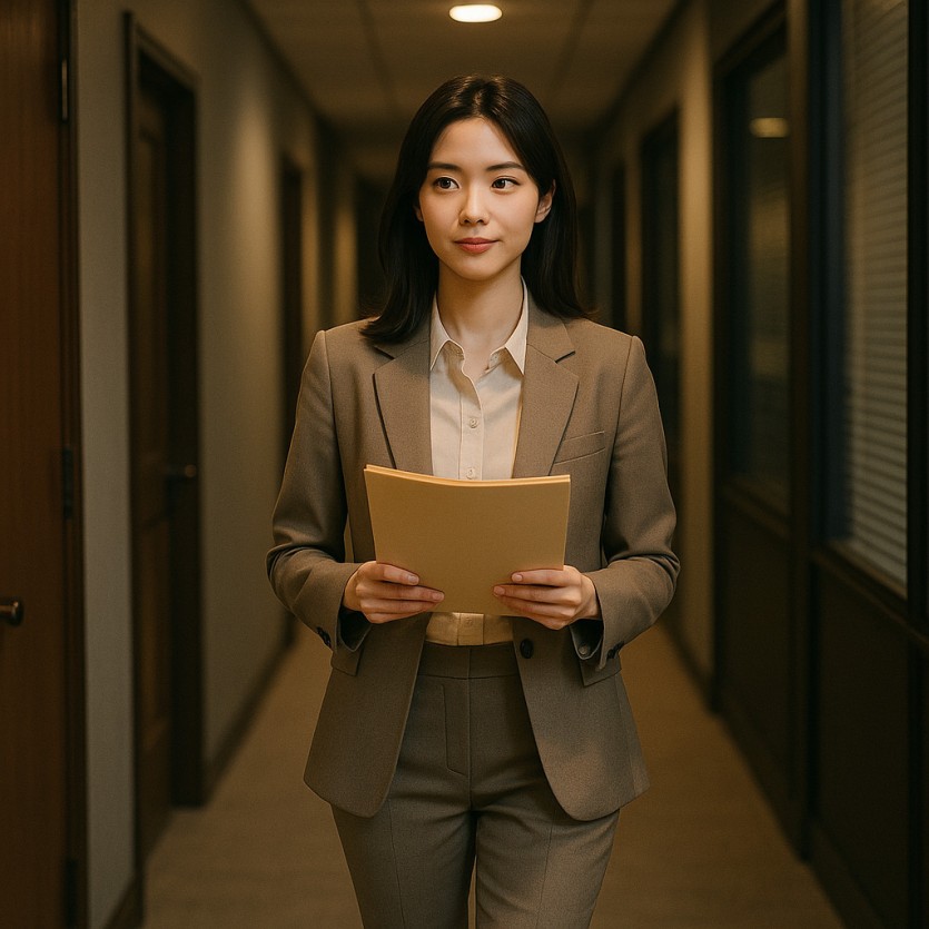 여탐정이 사무실 복도를 걸으며 서류를 검토하는 모습
