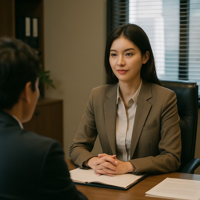 여탐정이 탐정사무소 내부에서 상담을 진행하는 장면