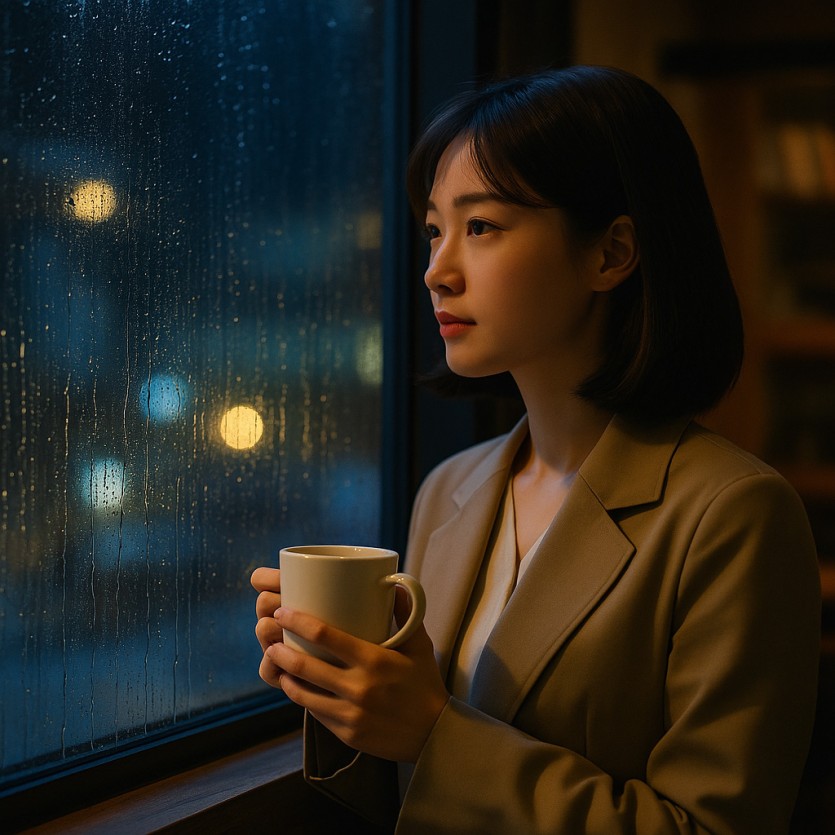여탐정이 밤에 비오는 창가에서 커피를 마시며 생각하는 장면