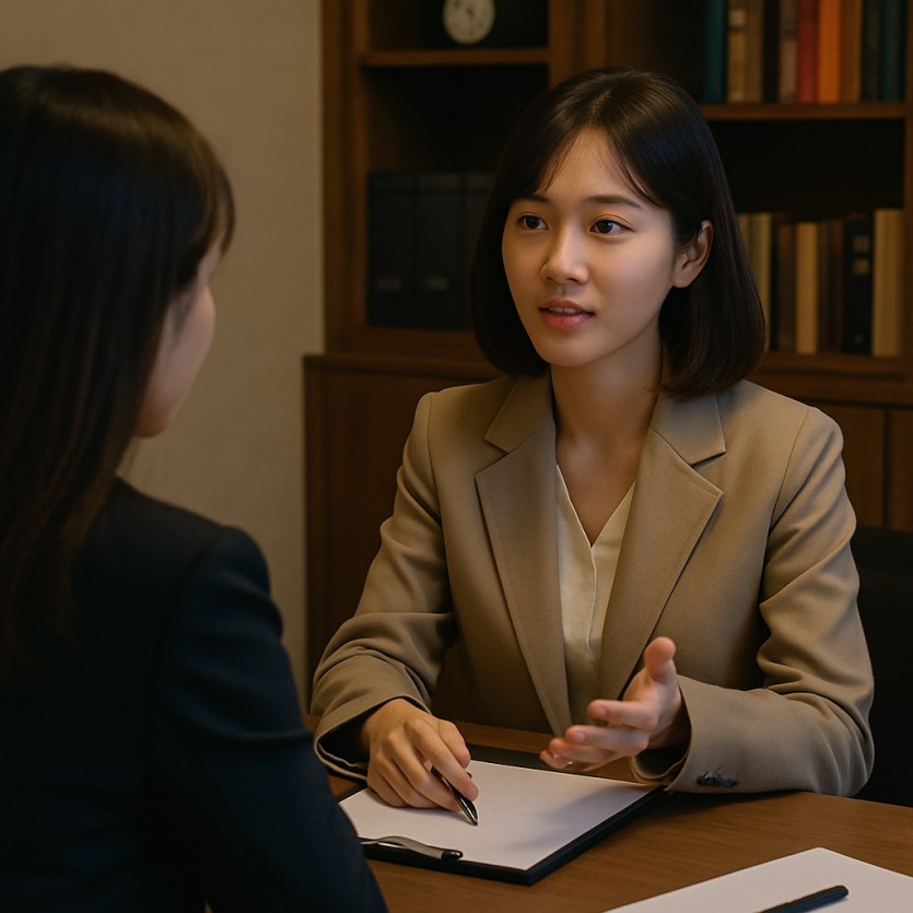 여탐정이 사무실에서 의뢰인과 마주 앉아 상담을 진행하는 모습