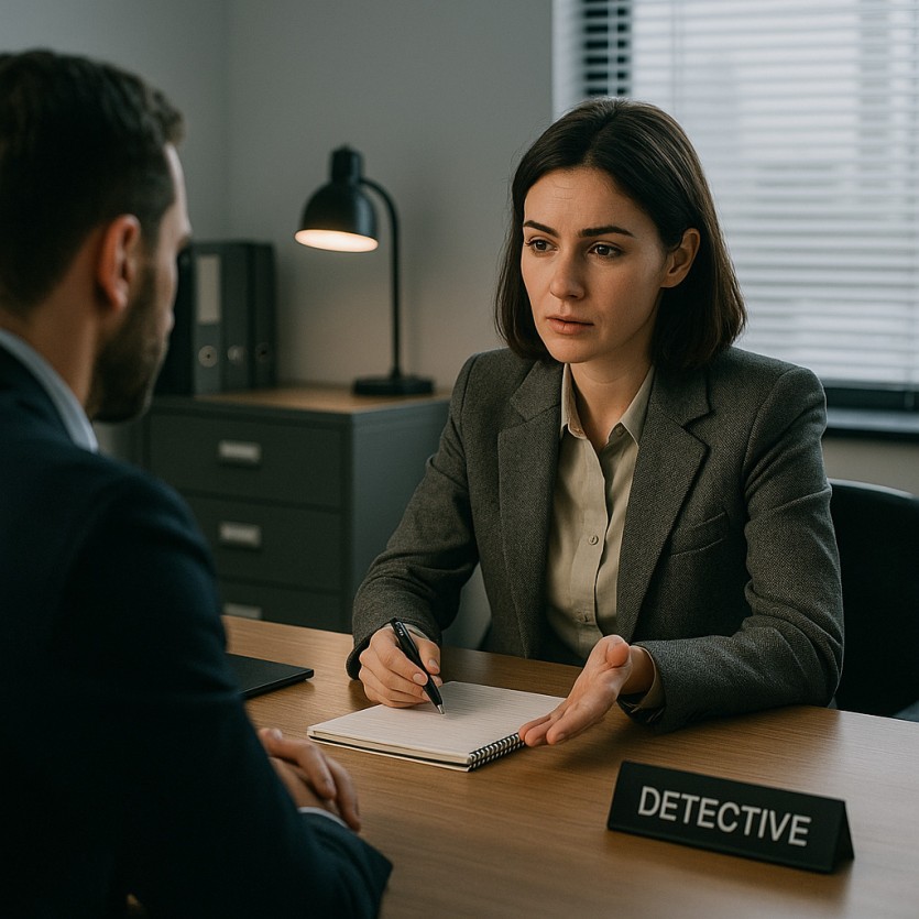 여탐정이 탐정사무소에서 의뢰인과 마주 앉아 상담을 진행하는 장면