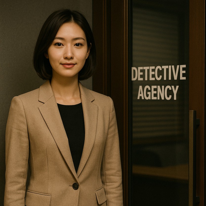 여탐정이 탐정사무소 입구에서 서 있는 모습