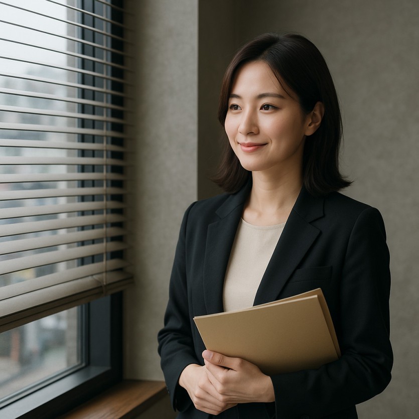 여탐정이 창가에서 미소를 지으며 흥신소 상담을 준비하는 모습