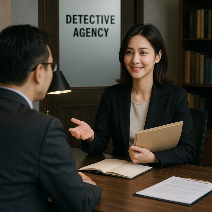 여탐정이 흥신소에서 의뢰인과 마주 앉아 상담을 진행하는 장면