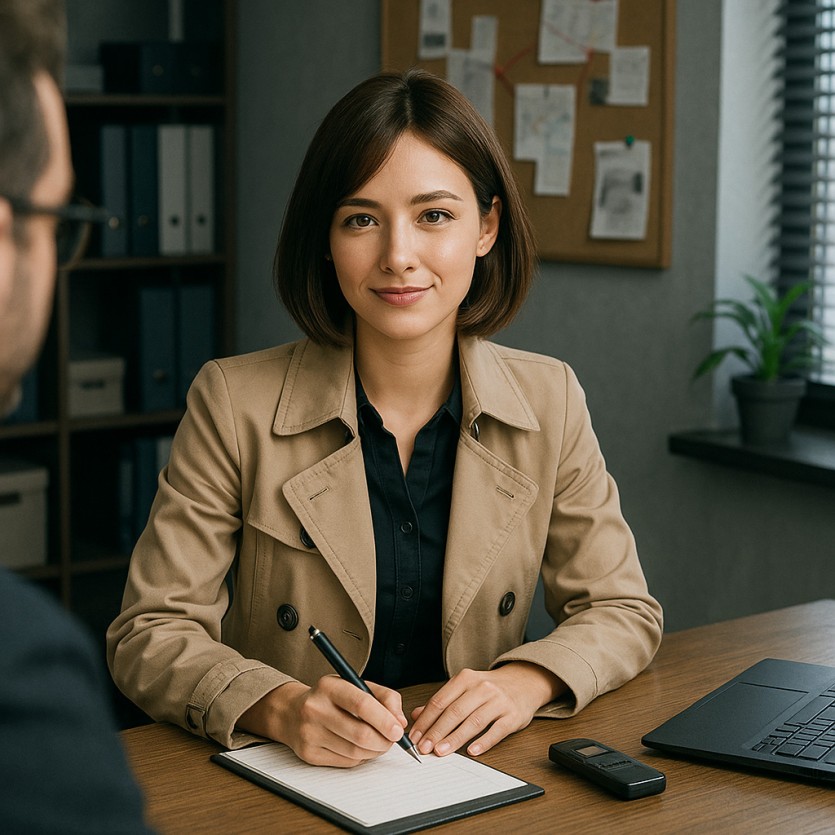 사설탐정 의뢰 상담이 이루어지는 탐정사무소와 여탐정 이미지