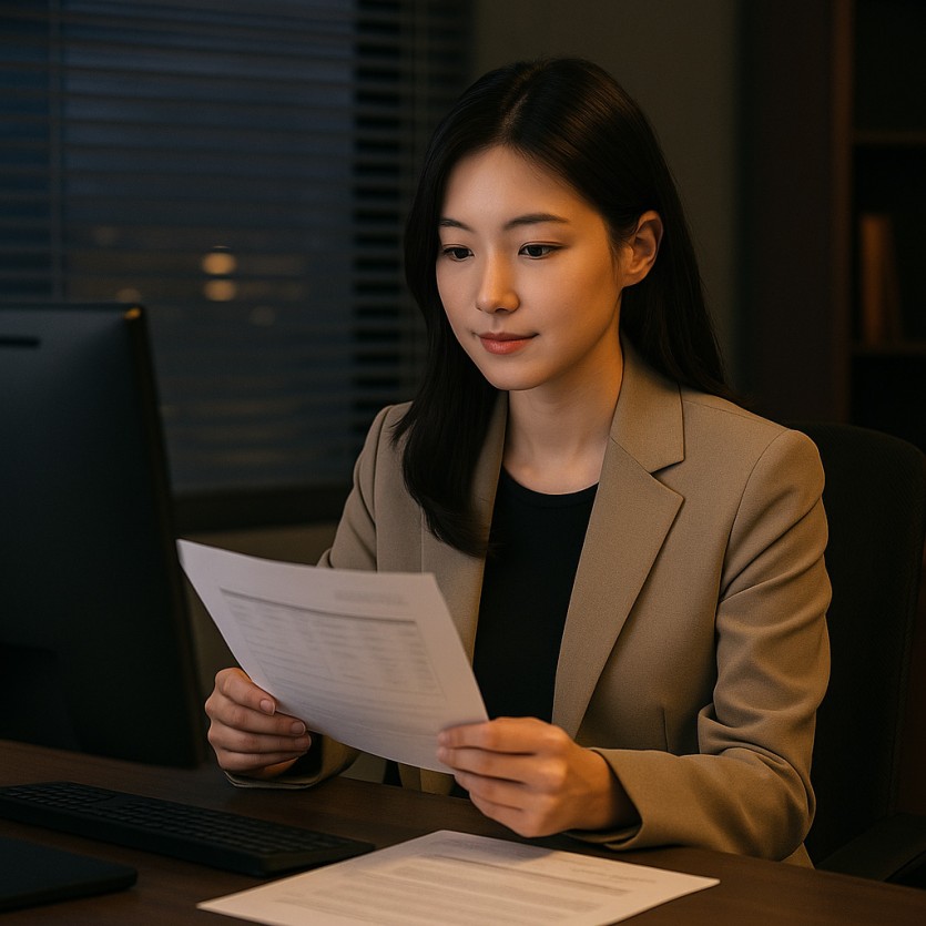 여탐정이 모니터 앞에서 비용 관련 서류를 검토하는 모습